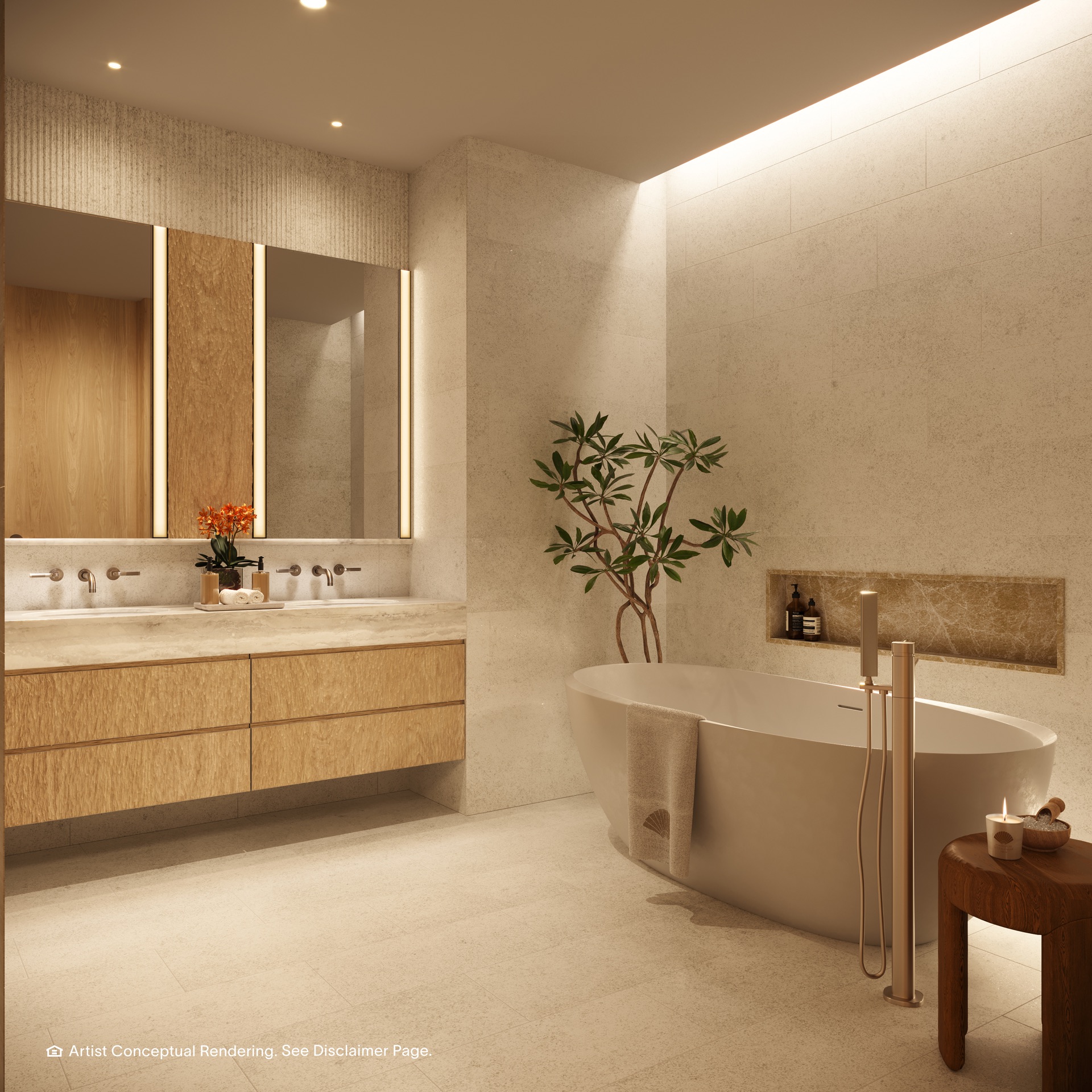 Primary bathroom with natural stone vanity and Duravit fixtures.