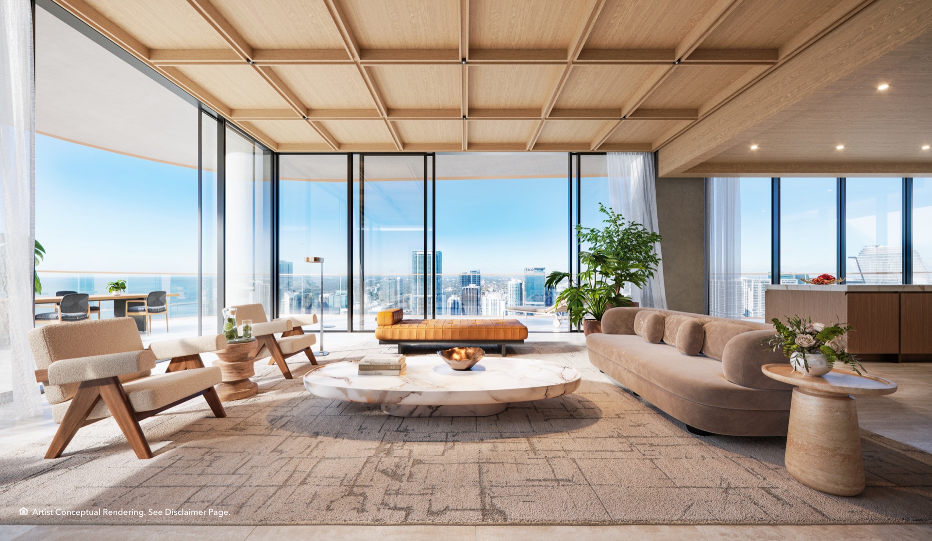 Great room with floor-to-ceiling glass and Biscayne Bay views.