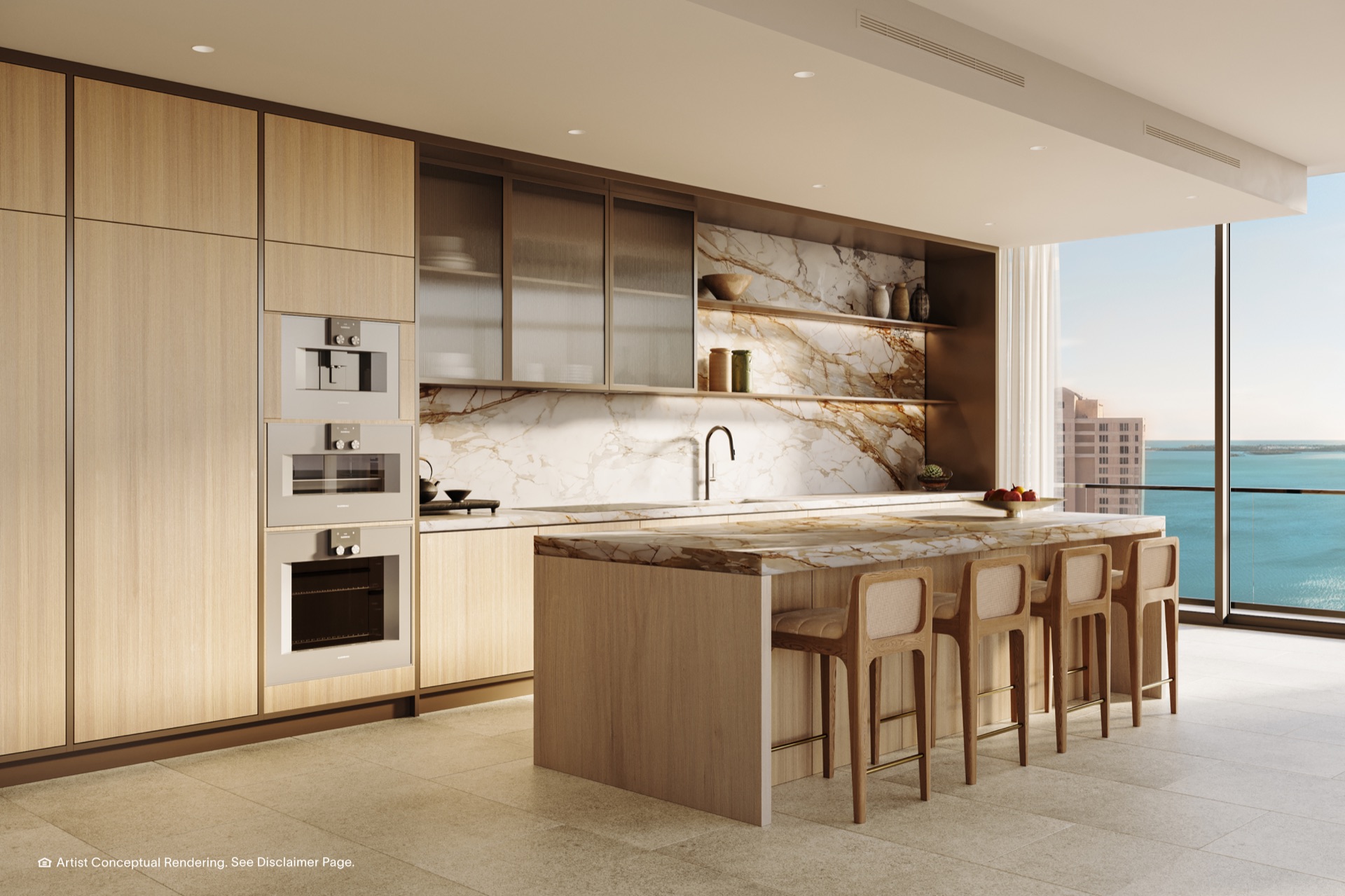 Kitchen with Molteni&C cabinetry, Dornbracht fixtures, and Gaggenau appliances.