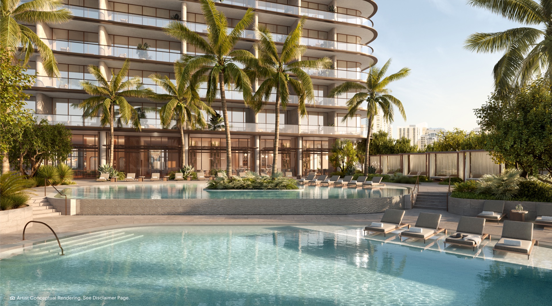 Resort pool with cabanas.