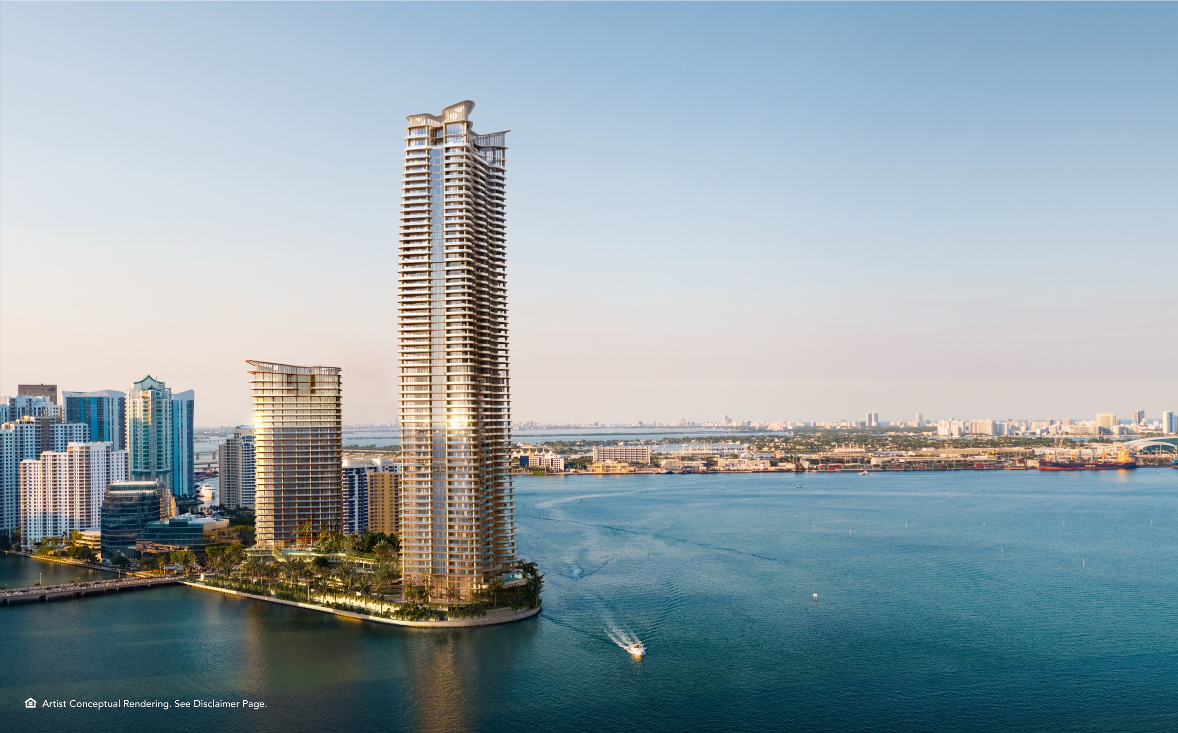 The project seen from Biscayne Bay — South Tower as the taller of the two.