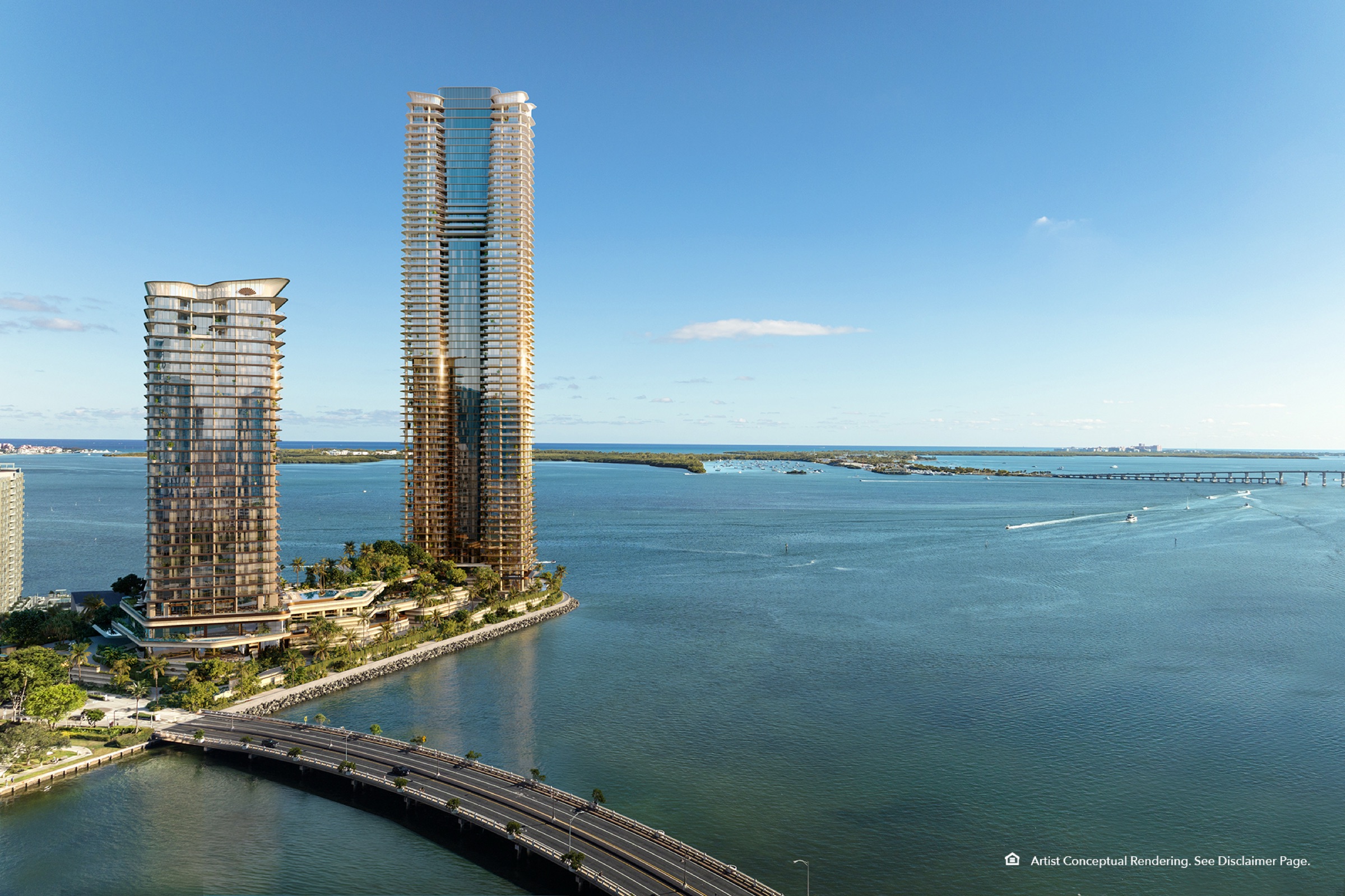 The project seen from the Brickell Key approach — North Tower at left.
