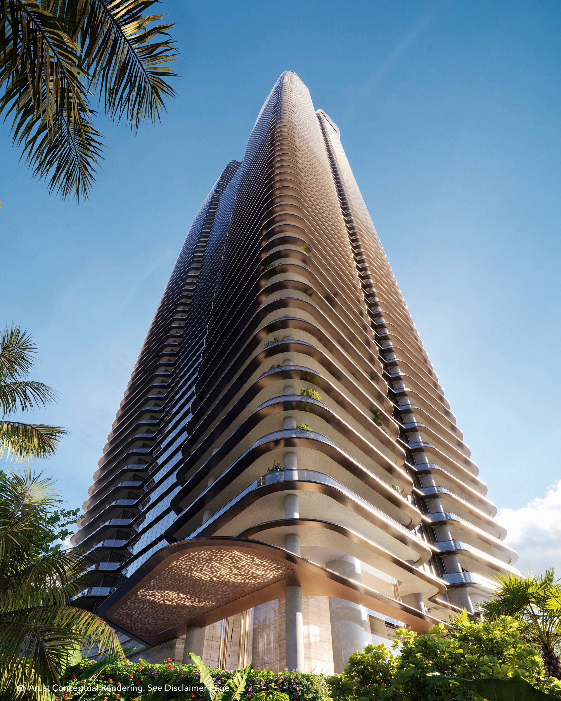 South Tower architecture by Kohn Pedersen Fox, looking up at the facade.